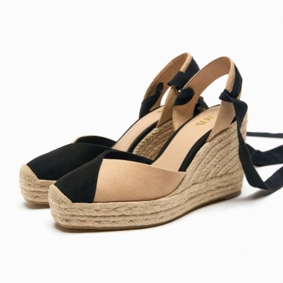 Zara Espadrille Wedge Sandals Black Tan Ankle Tie Wrap Platform Heels Size 8.5 - Picture 4 of 16